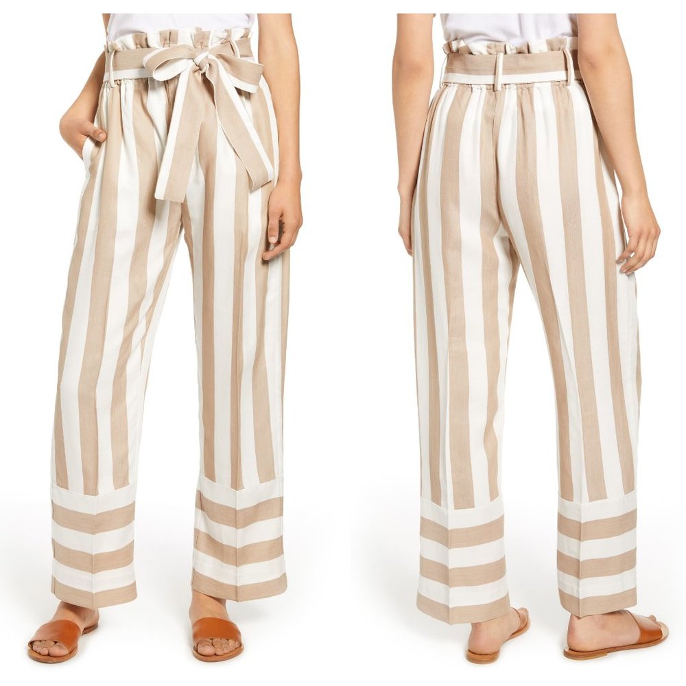 J. Crew Beige and White Striped Paperbag Waist Pants